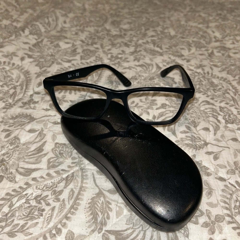 Black Framed RayBan prescription glasses/case. (Lenses not included).